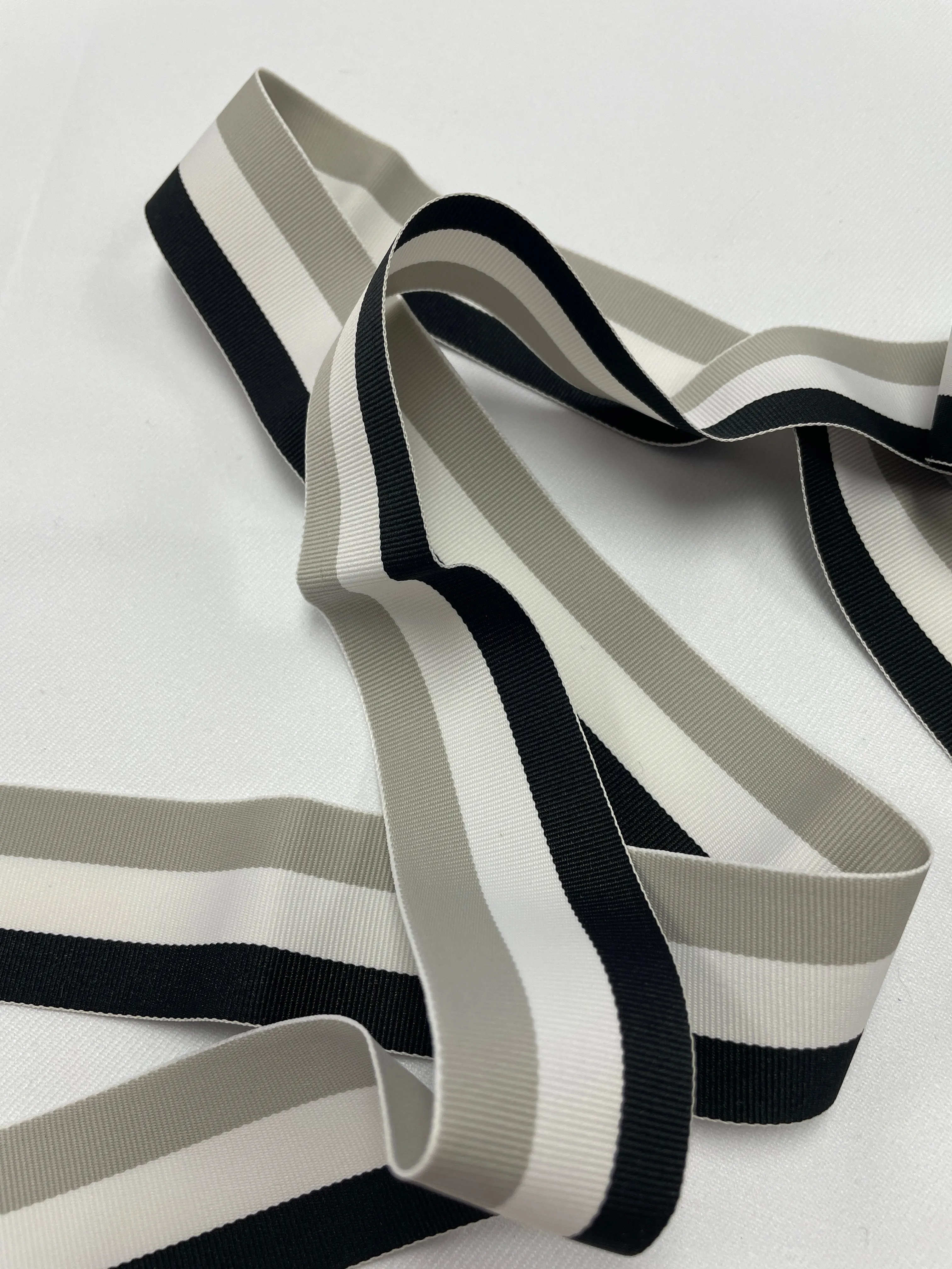 4  YD Polyester Grosgrain Yarn-Dyed Striped Ribbon - Black, White and Gray