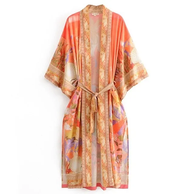 Beautiful Bohemian Style Orange Flower Crane Print Kimono
