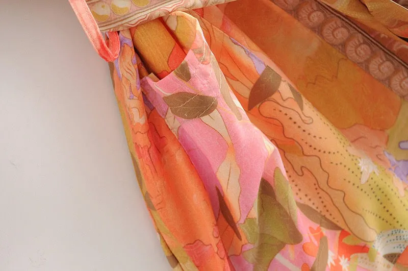 Beautiful Bohemian Style Orange Flower Crane Print Kimono