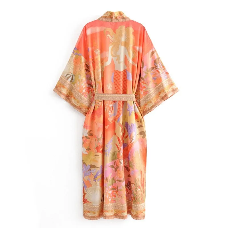 Beautiful Bohemian Style Orange Flower Crane Print Kimono