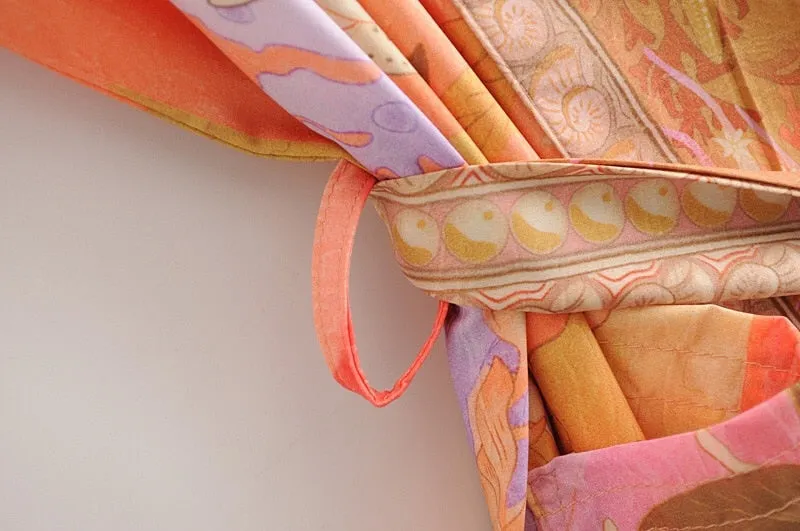 Beautiful Bohemian Style Orange Flower Crane Print Kimono