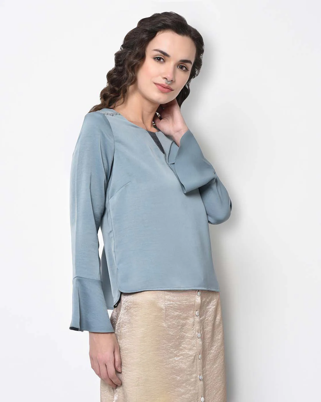 Blue Top With Strings At Neck