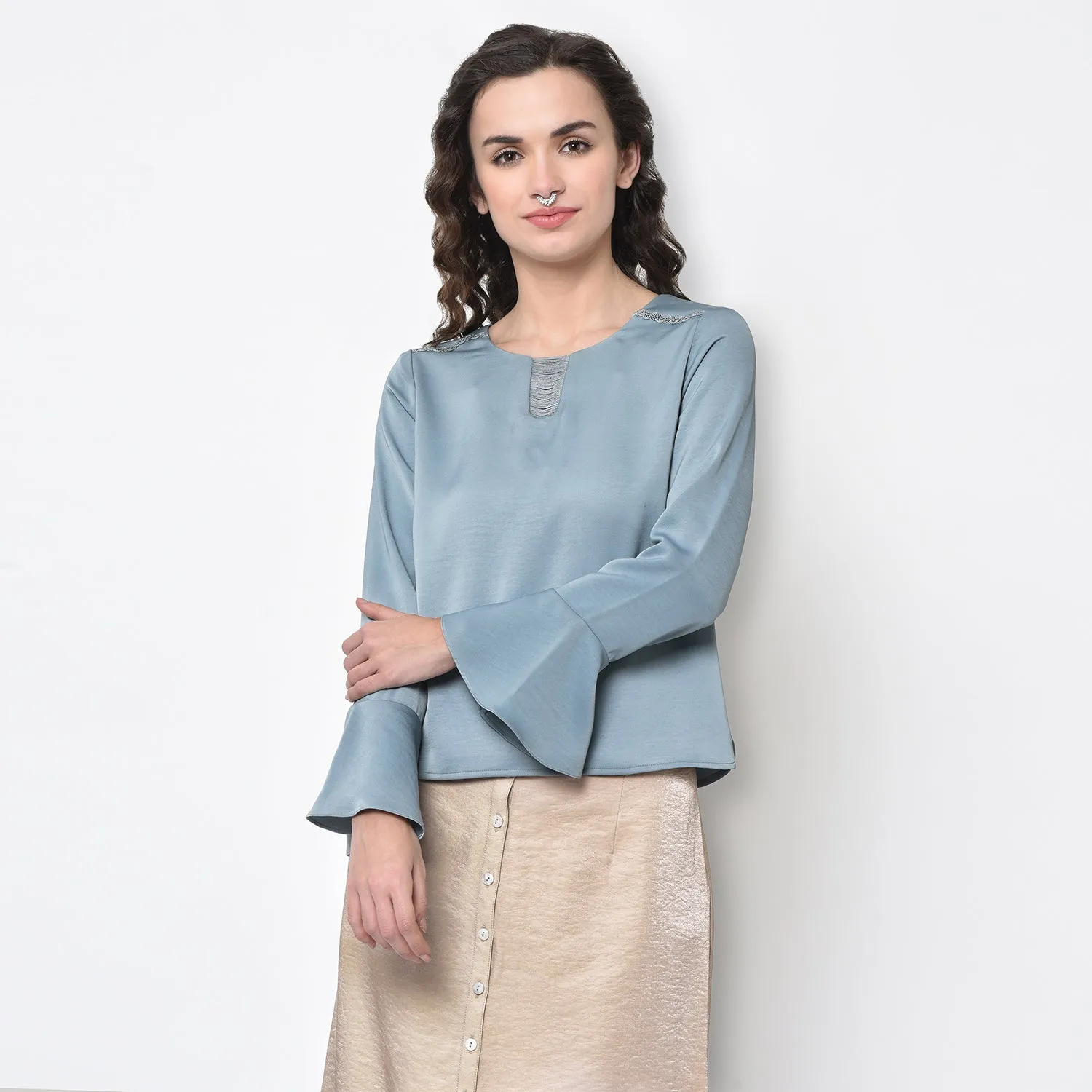 Blue Top With Strings At Neck