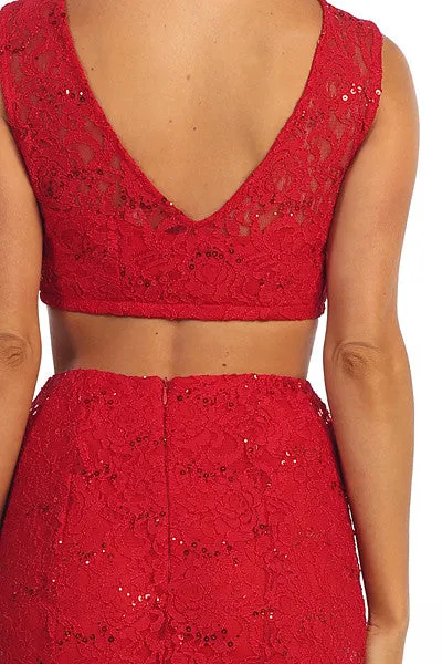 Celavie 2492 Long 2 Piece Lace Dress Sleeveless Form Fitting