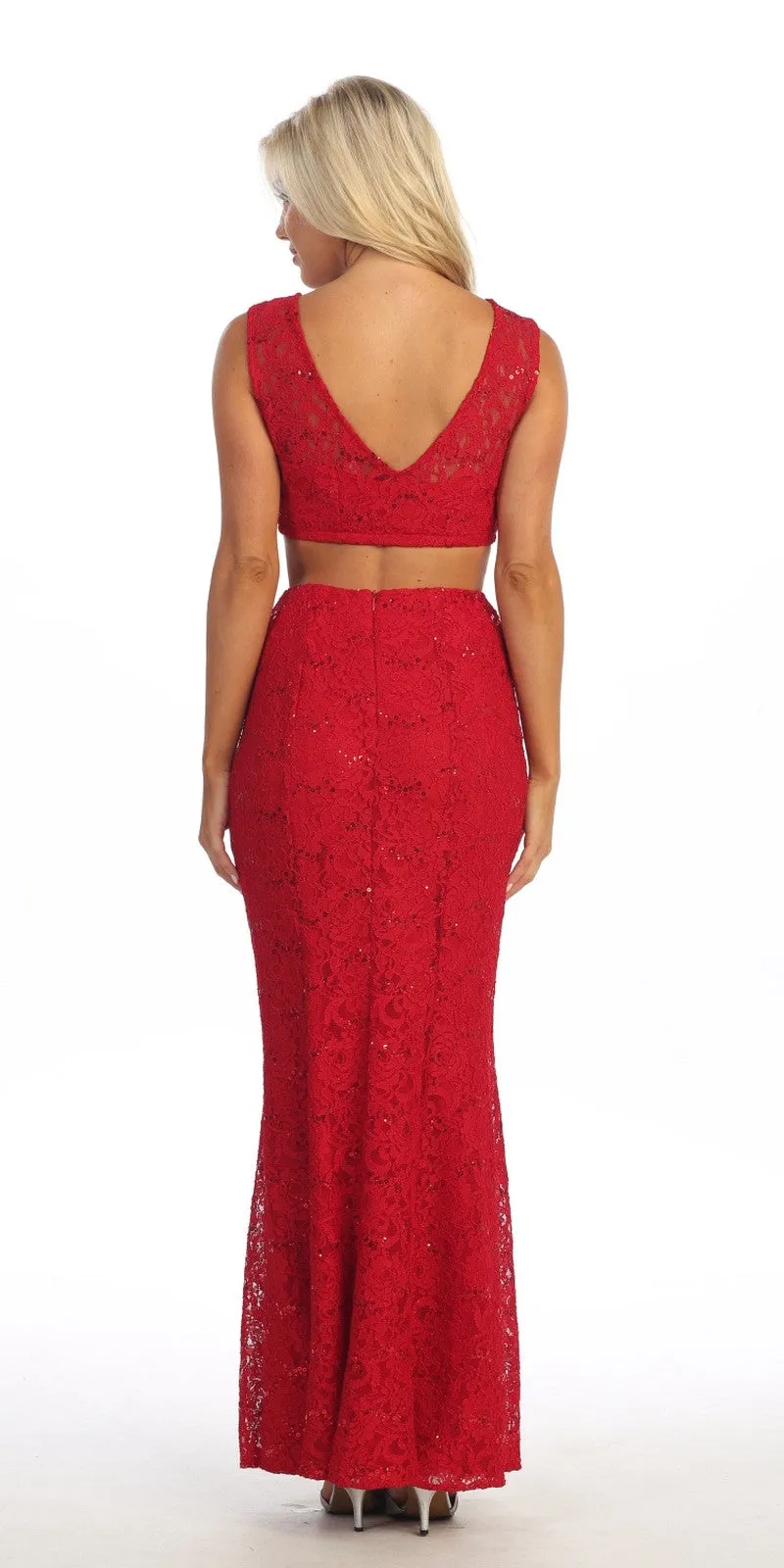 Celavie 2492 Long 2 Piece Lace Dress Sleeveless Form Fitting