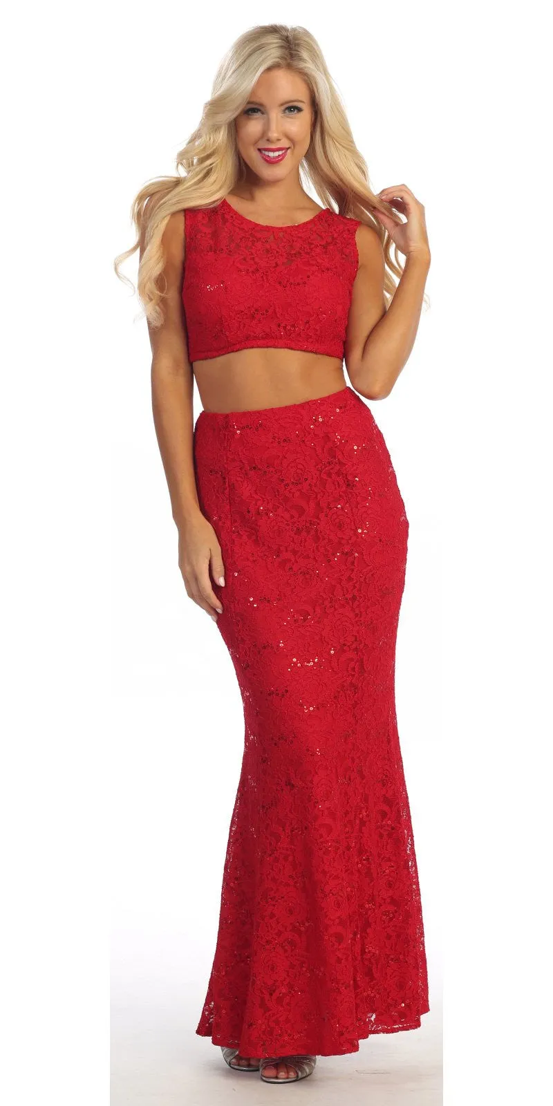 Celavie 2492 Long 2 Piece Lace Dress Sleeveless Form Fitting