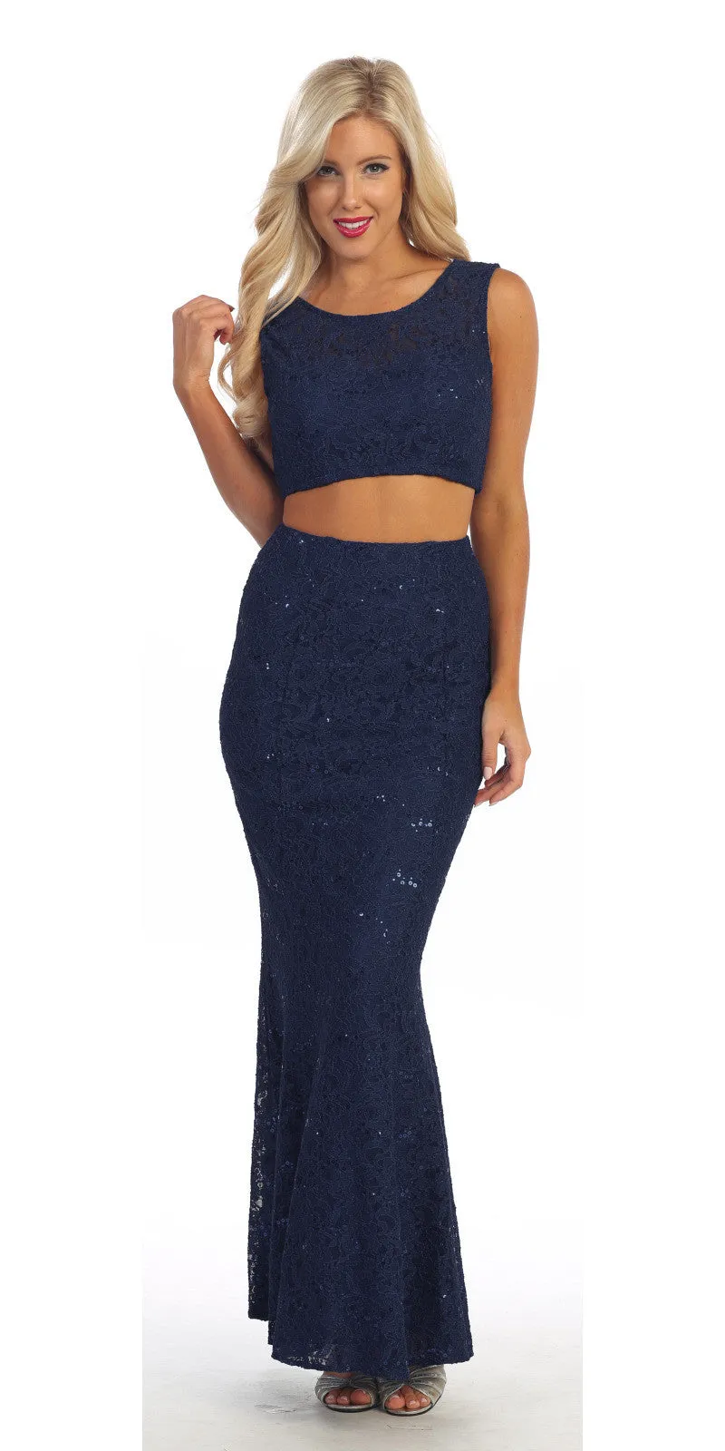 Celavie 2492 Long 2 Piece Lace Dress Sleeveless Form Fitting