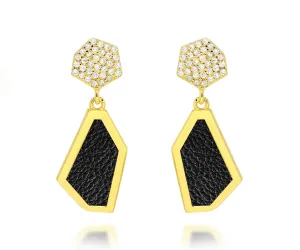 Double Hexagon Leather Inlay Gold Earrings