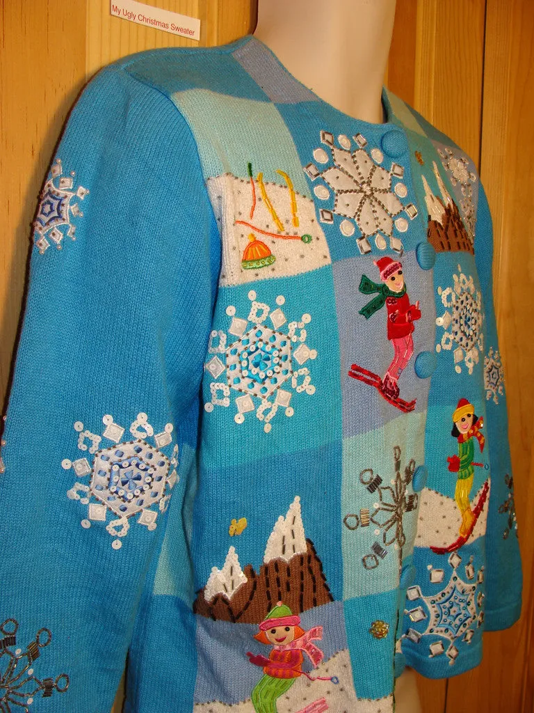 Tacky Ugly Christmas Sweater with Festive Blue Winter Wonderland with Snowflakes and Skiers on Front and Back (f445)