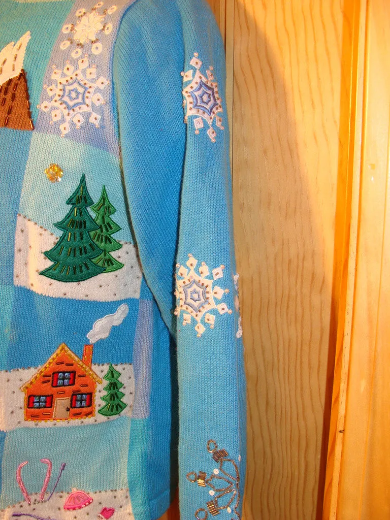 Tacky Ugly Christmas Sweater with Festive Blue Winter Wonderland with Snowflakes and Skiers on Front and Back (f445)